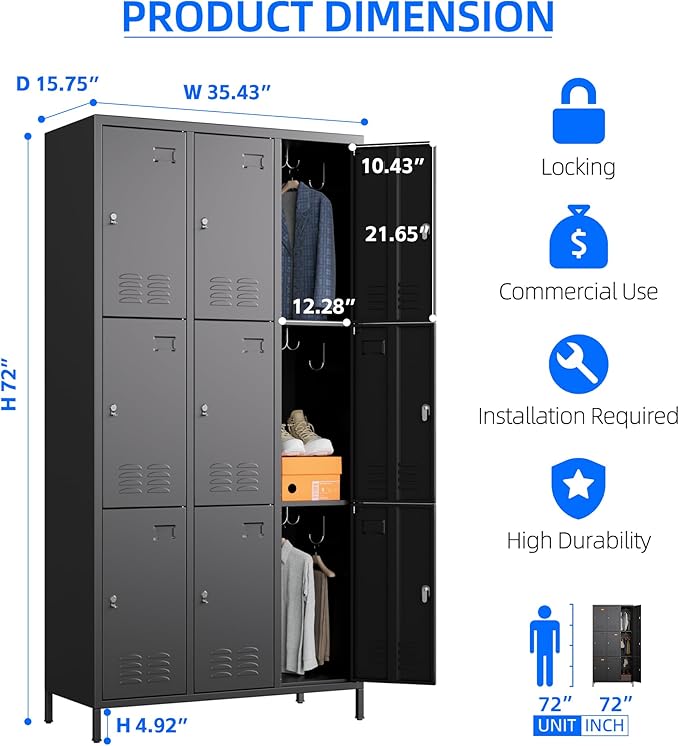Metal Lockers for Employees with 9 Doors and 27 Hooks, 72”H Storage Locker with Card Slot for Office Gym School Bedroom, Black, Assembly Required
