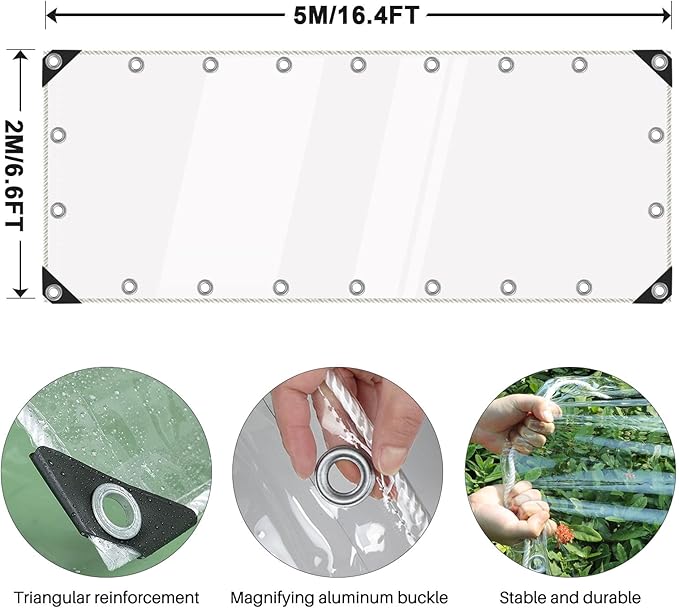 Clear Tarps Heavy Duty Waterproof, Transparent PVC Vinyl Tarpaulin with Grommets, Ropes, Reinforced Edge, Tear-Resistant, Anti-UV for Greenhouse, Patio, Garden, Porch, Pavilion, Outdoor