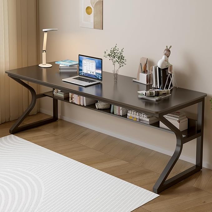 Extra Long Desk with Bookshelf - 71" Double Long Writing Table for 2-Person Workstation, Modern Study Work Computer Desk for Home and Office, Black
