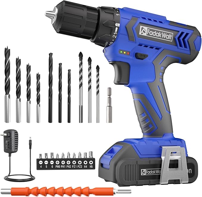 FADAKWALT 20V MAX Cordless Drill Set,Power Drill Kit with Lithium-Ion and charger, 3/8-Inch Keyless Chuck, 2 Variable Speed 21+1 Torque Setting Power Tools Kit，280 inch-lbs with LED Electric Drill Set