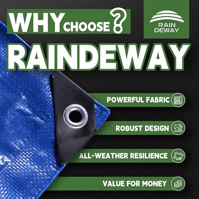 RAINDEWAY Large Tarp 15x30 Feet, 8 Mil Thick, UV Resistant, Multipurpose Waterproof Poly Tarps Cover with Metal Grommets and Reinforced Edges, Durable Blue Tarp