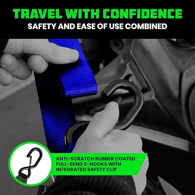Rhino USA Motorcycle Tie Down Straps (2 Pack) Lab Inspected 2,200lb Break Strength, Steel Cambuckle Tiedown Set with Integrated Soft Loops - Better Than a Ratchet Strap (Blue 2-Pack)