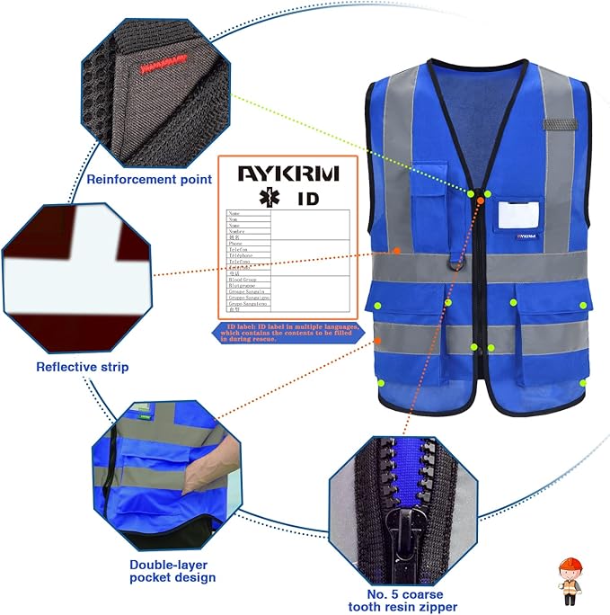 A-SAFETY Blue Safety Vest Reflective Work Vest,Hi Vis Bright Neon Color with 4 Reflective Strips 7 Pockets,XXL