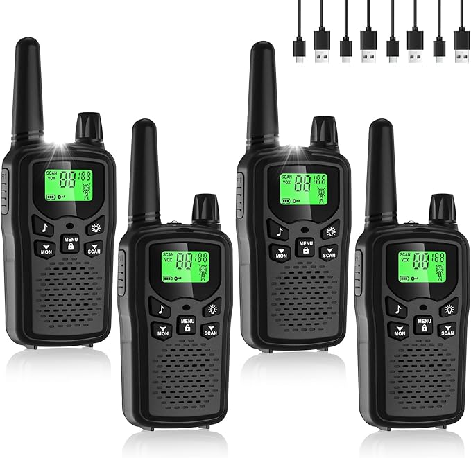 Walkie Talkies for Adults Long Range, Rechargeable Walkie Talkie 22 FRS Channels Two Way Radios with Noise Reduction, Volume Adjustment, LED Flashlight,1200mAh Rechargeable Battery (4 Pack Black)