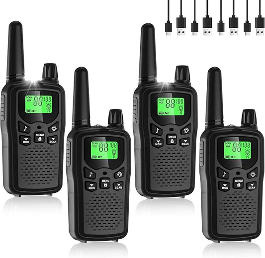 Walkie Talkies for Adults Long Range, Rechargeable Walkie Talkie 22 FRS Channels Two Way Radios with Noise Reduction, Volume Adjustment, LED Flashlight,1200mAh Rechargeable Battery (4 Pack Black)