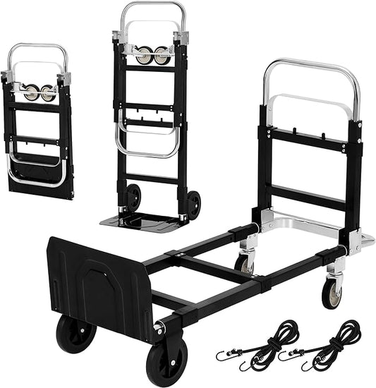 2 in 1 Convertible Hand Truck Dolly, 660 LBS Load Capacity Folding Cart with Wheels, Elastic Straps, Carbon Steel Collapsible Dolly Cart for Home, Warehouse, Supermarket, Office