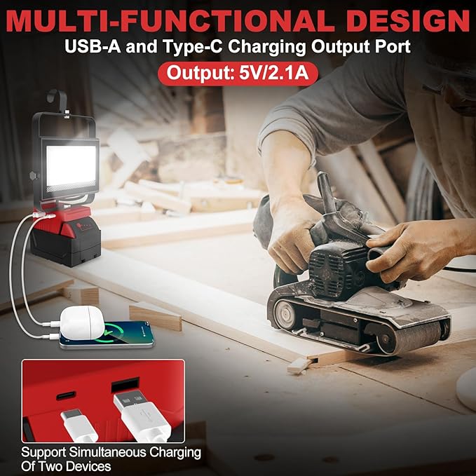 60W 6000LM Cordless Work Light Compatible with Milwaukee 18V Battery (Battery Not Included), Portable LED Flashlgiht Flood Light with USB &Type C Charging for Job Site, Emergency, Camping