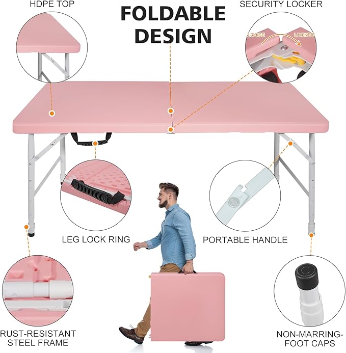 Portable 4Ft Adjustable Height Plastic Folding Table, Heavy Duty Fold-in-Half Table with Carrying Handle, Small Utility Foldable Table for Picnic Party Camping BBQ, Indoor/Outdoor (Pink)