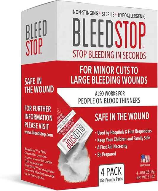 BleedStop™ First Aid Powder and Strip for Blood Clotting, Trauma Kit, Blood Thinner Patients, Camping Safety, and Survival Equipment for Moderate to Severe Bleeding Wounds or Nosebleeds