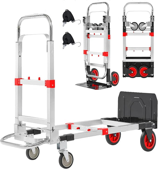 Upgraded 3 in 1 Aluminum Folding Hand Truck, 600lbs Capacity, Heavy Duty Convertible Dolly with Retractable Handle and 4 Rubber Wheels, Collapsible Cart for Moving Home, Office, Warehouse (Red)
