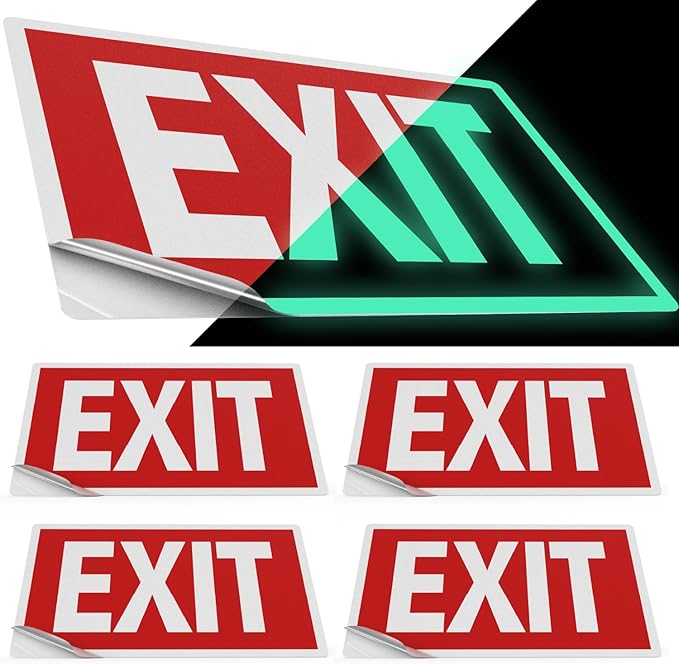 Sunco Photoluminescent Exit Signs, Glow In The Dark Emergency Sign, Non-Electrical, Adhesive Backing, Fade Resistant, Waterproof, Tear Resistant, Up to 50FT Visibility 4 Pack