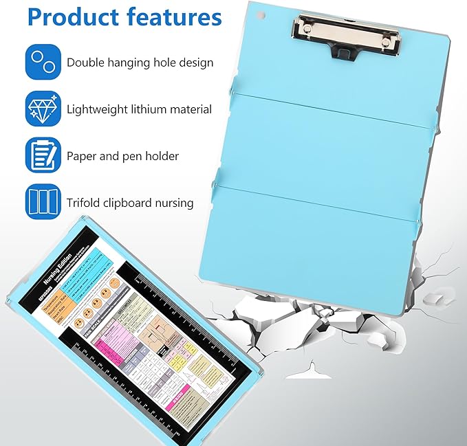 Nursing Foldable Medical Clipboard, Edition Cheat Sheets Lithium 3 Layers Foldable Clipboards Nursing Pocket Size Profile Clip Nurse Clipboards Notepad for Nurses Students and Doctors, Light Blue
