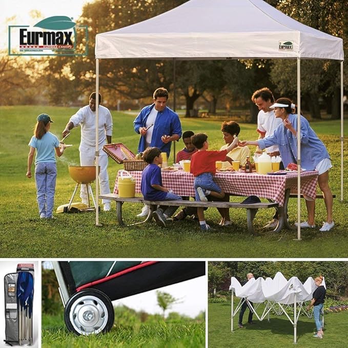 Eurmax USA 8'x8' Pop-up Canopy Tent Commercial Instant Canopies with 4 Removable Zipper End Side Walls and Roller Bag, Bonus 4 SandBags(White)