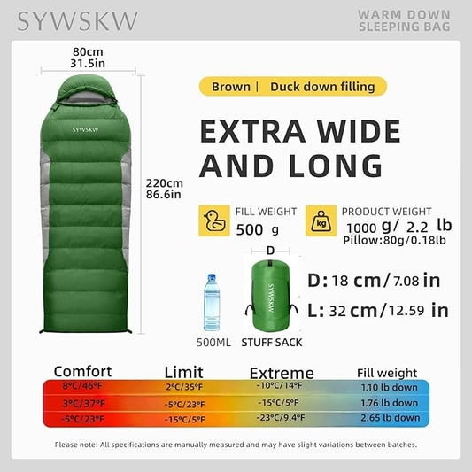 Down Sleeping Bag with Pillow, Ultralight Rectangular Sleeping Bag for Adults, Youth Backpacking,Hiking and Camping Outdoor with YKK Two-Way Zipper 680 FP Down