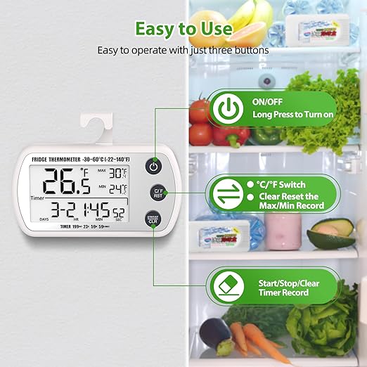 Digital Refrigerator Thermometer 2 Pack, Waterproof Fridge Thermometer, 2.25IN Large Screen Freezer Thermometer, Max/Min Record Function,Timer Function(White)