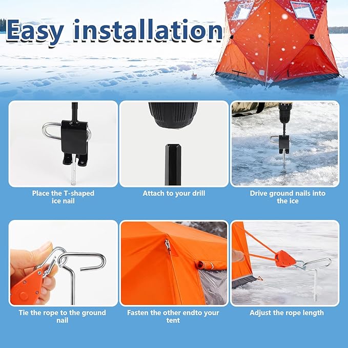 Heavy Duty Ice Anchor Drill Adapter Tool Kit, 15Pcs Stainless Steel Tent Stakes Set with 13FT Ratchet Ropes, Tent Hooks, Canvas Bag for Ice Fishing Shelter Setup(6Pcs Tent Stakes+4Pcs Rope Roller)