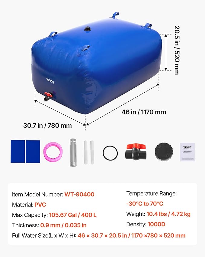 VEVOR Water Storage Bladder, 400L/105.7Gallon Water Storage Container Tank, 1000D PVC Large Capacity Soft Bag Bladder, Foldable Portable for Garden Irrigation, Camping, RV, Fire Prevention - Blue