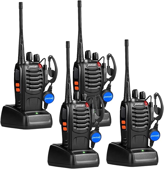 pxton Rechargeable walkie talkies for Adults with Upgraded Earpieces and Li-ion Battery,Two Way radios has VOX/TOT/Emergency Alarm/Battery Low Alert/Flashlight/Scan Function（4 Pack）