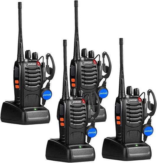 pxton Rechargeable walkie talkies for Adults with Upgraded Earpieces and Li-ion Battery,Two Way radios has VOX/TOT/Emergency Alarm/Battery Low Alert/Flashlight/Scan Function（4 Pack）