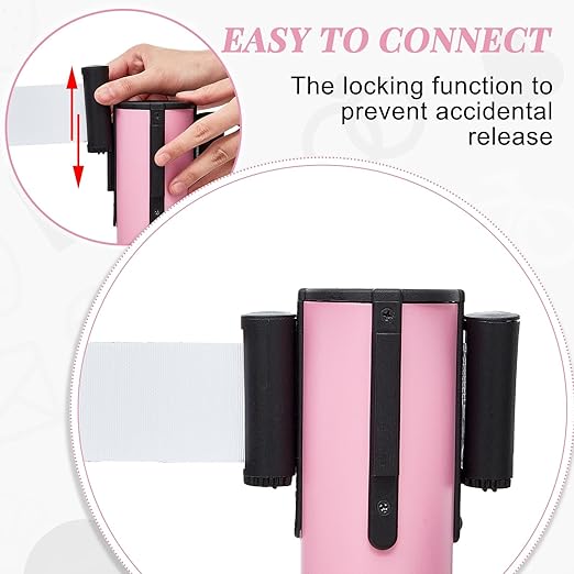 Therwen 6 Pack Heavy Duty Crowd Control Stanchions 9.8 ft Stainless Steel Stanchion Set with 6 Safety Barrier Post Retractable Belt and 1 Sign Holder Crowd Control Barrier(White Belt,Pink)