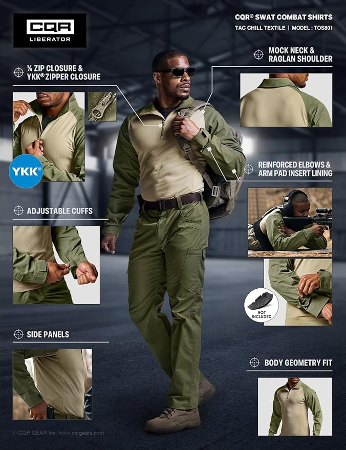 CQR Men's Combat Shirt Tactical 1/4 Zip Long Sleeve Military BDU Shirts Camo EDC Top with Pockets