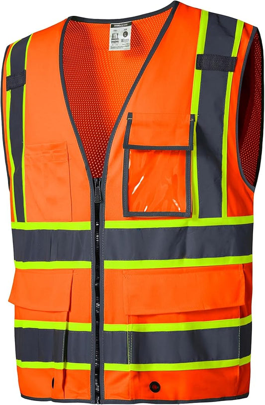 SKSAFETY 10 Pockets Safety Vest, Class 2 High Visibility Security with Zipper Back Mesh, Hi Vis Vest with Reflective Strips, ANSI/ISEA Standard, Construction Work Vest for Men ＆ Women （Orange, M）