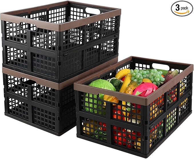 42 L Large Folding Utility Crates Plastic, 3 Packs Stackable Storage Bins, Collapsible Milk Crate