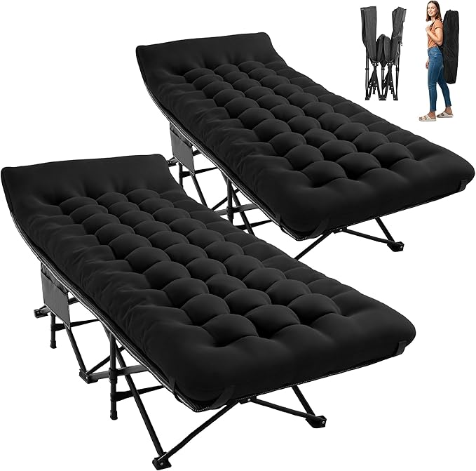 JEAREY 2-Piece Folding Camping Cot for Sleeping, Heavy Duty Camping Cots for Adults with Mattress, 1200D Double Layer Oxford Portable Folding Cot with Carry Bag for Guest, Travel, Hiking, Black