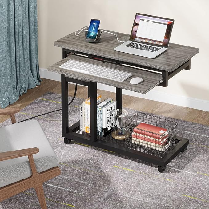 Tribesigns Small Portable Desk with Power Outlet, Height Adjustable Sofa Couch Bedside Laptop Table with Wheels, Mobile Standing Desk Rolling Computer Cart C Side Table with USB Ports