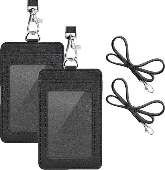 2 Pack PU Leather ID Badge Holder, Life-Mate ID Badge Holder with 1 Clear ID Window 1 Credit Card Slot and PU Leather Lanyard for Badge Credit Cards College ID Cards in Black
