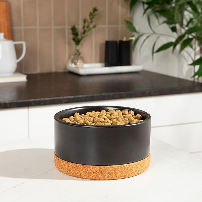 Waggo Corky Bowl – 4 Cup Non-Slip Pet Food and Water Ceramic Dish with Removable Cork Base – Dishwasher & Microwave Safe (Black)
