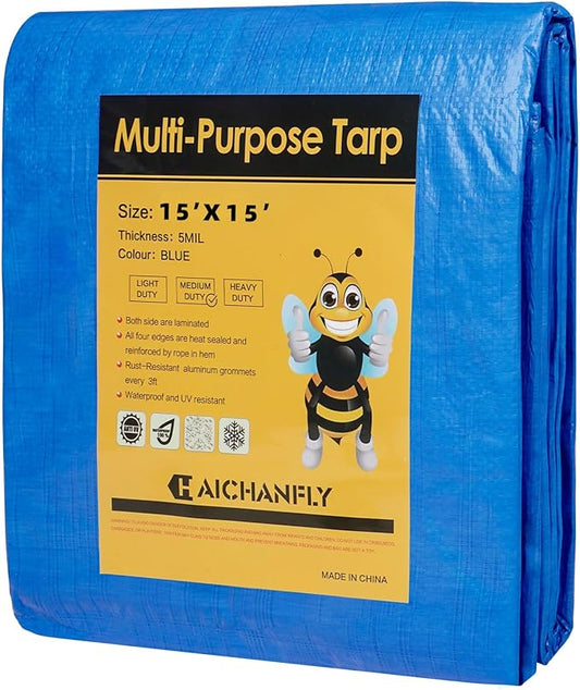 Double-Sided Waterproof Poly Tarp 15x15 Feet 5mil Thick Polyethylene Tarps, Perfect for Outdoor Use, Plastic Cover & Mat for Tent Camping Storage Boat Bikes Vehicles