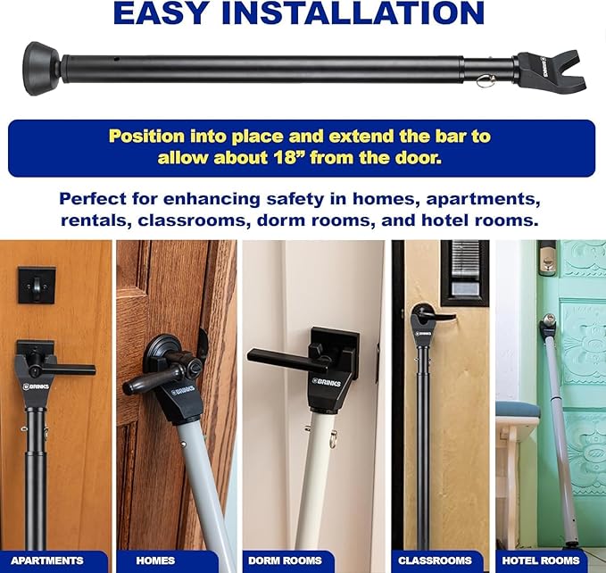 BRINKS Door Security Bar - Adjustable Brinks Door Security Bar for Travel, School, Dorm and Home - Door Jammer for Hinged Doors and Sliding Door Security – Black - 2 Pack