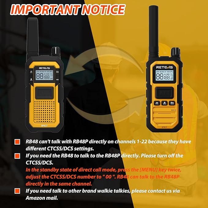 Retevis RB48 Plus Radios Walkie Talkies, IP67 Waterproof Two Way Radio Long Range, Heavy Duty 2 Way Radio, GMRS, Group Call, Vibration Alert, Emergency, for Construction Job Site(6 Pack)