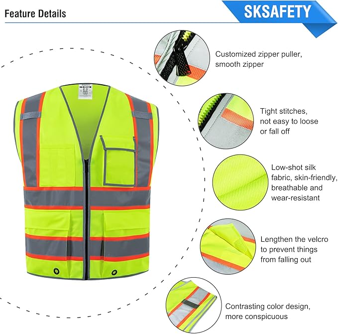 SKSAFETY 10 Pockets Safety Vest, Class 2 High Visibility Security with Zipper, Hi Vis Vest with Reflective Strips, ANSI/ISEA Standard, Construction Work Vest for Men ＆ Women （Lime, 4XL）