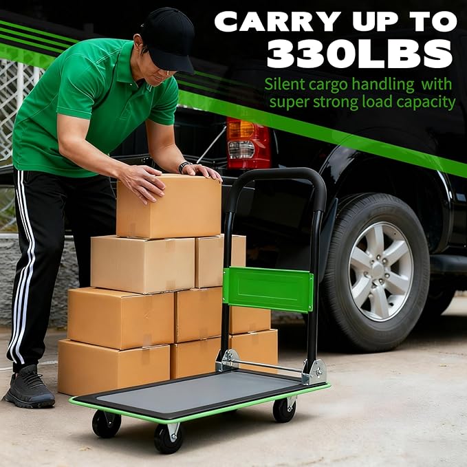 Green Folding Platform Hand Truck 330 lbs Capacity, Heavy Duty Flatbed Cart with 360° Swivel Silent Wheels, Non-Slip Alloy Steel Dolly for Warehouse, Delivery, and Storage – Foldable Design