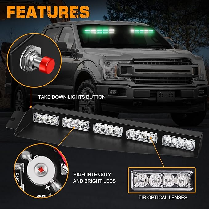 XRIDONSEN Green White Emergency Visor Lights Interior Front Windshield Strobe Lights Bar Warning Flashing Safety Hazard for Firefighter Vehicles Trucks w/Take Down, Deck Split Mount (34 inch, 40 LED)