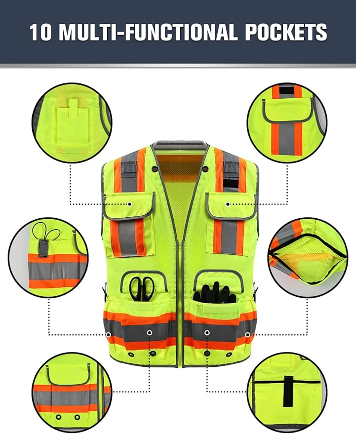 Safety Vest, Hi Vis Vests with Pockets, Class 2 High Visibility Vests,Construction Surveyor Work Vest for Men Women