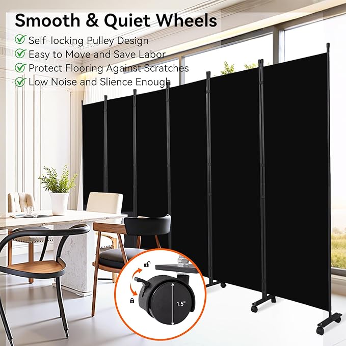 Room Divider 132''W Wall Divider for Room Partition (Heavy Duty Base) 6 Panel Partition Room Dividers, Freestanding Room Divider Screen Separation W/Wheel Folding Privacy Screen Panel Space Separator