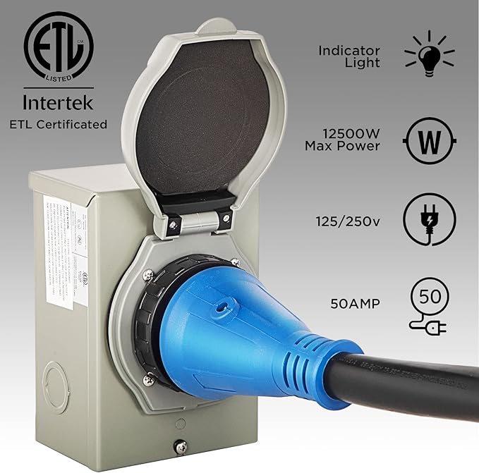 50 Amp Generator Cord and Power Inlet Box,50 Amp Generator Cords 25FT,125V/250V Generator Power Cord NEMA14-50P/SS2-50R Twist Lock Connector