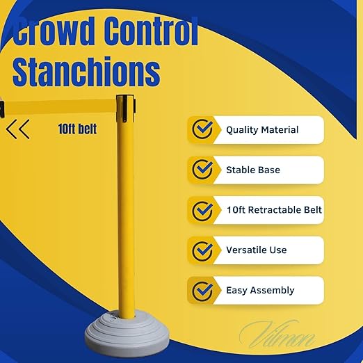 6 Pack 42Inch Crowd Control Stanchions with 10ft Yellow Retractable Belt Crowd Control Barriers 13 Inch Water-Filled Base Retractable Stanchions for Traffic Control (Yellow)