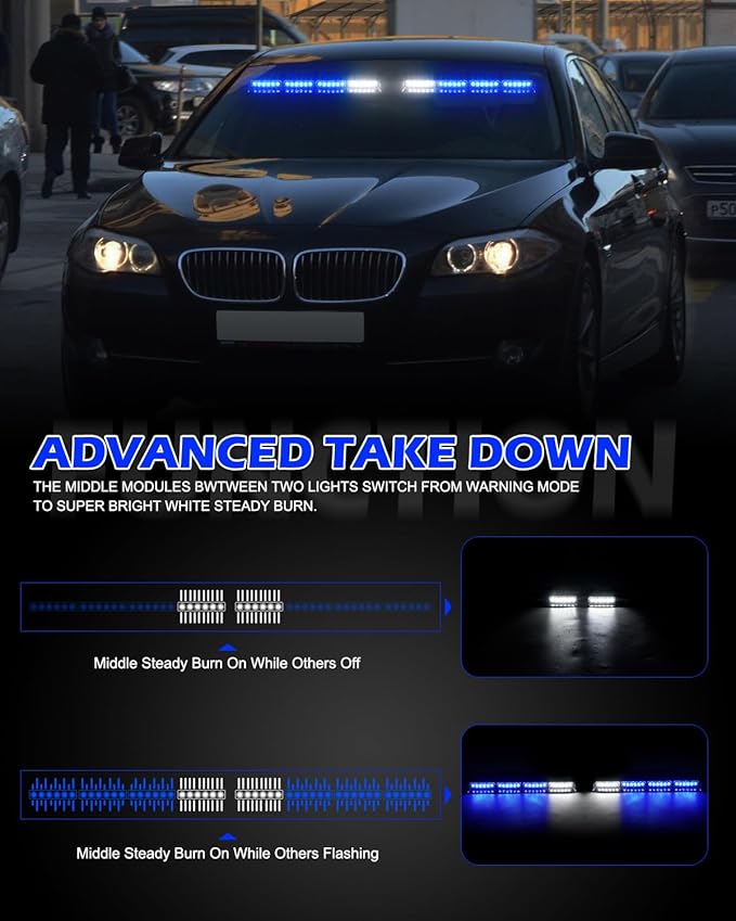HLauto 604N Emergency Dash Strobe Lights: 2x16.8 inch Blue Security Light w/Take Down, 48 LED Safety Flashing Warning Hazard Interior Windshield Light Bar for Trucks Vehicles