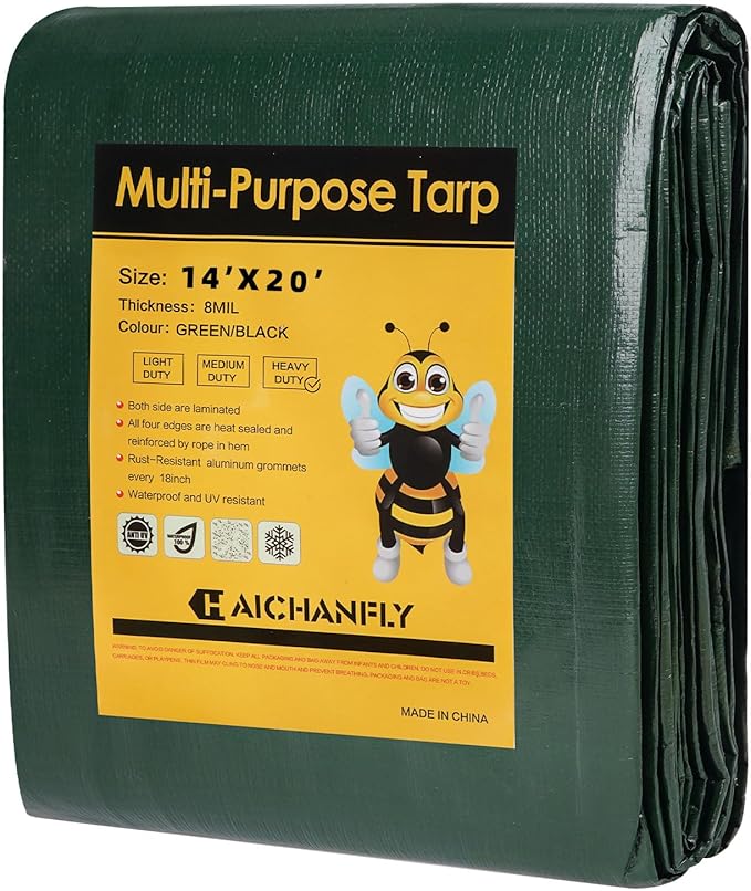 Heavy Duty Double-Sided Waterproof Poly Tarp 14x20 Feet 8mil Thick Polyethylene Tarps, Perfect for Outdoor Use, Plastic Cover & Mat for Tent Camping Storage Boat Bikes Vehicles