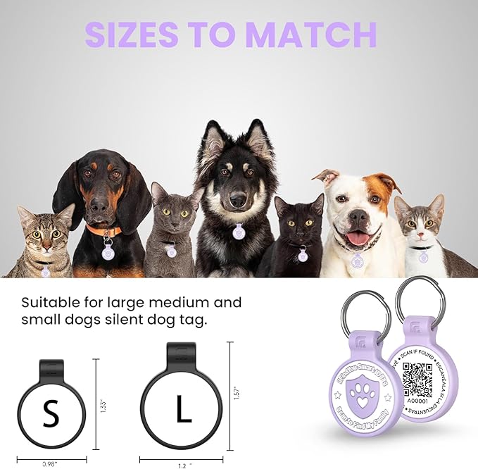 Silicone Dog Tags Personalized for Pets with QR Code, Emergency Contact Info, Anti-Lost, Scan Location Alerts(Purple-L)