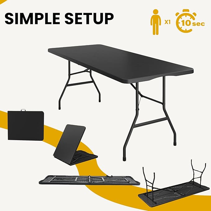 BTExpert Set of 5, Fold-in-Half Folding Utility Table 6 Feet 72"x 29.5" Lightweight Portable Carrying Handle Indoor Outdoor Picnic Camping Office Home Party Wedding Event Easy to Clean Store Black