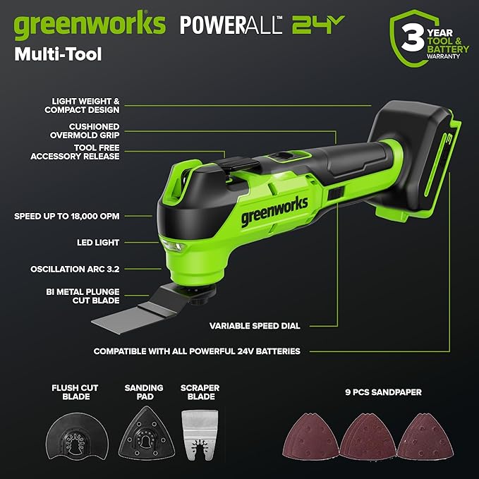 GREENWORKS 24V (6-TOOL) Combo (Drill, Impact Driver, Circular Saw, Reciprocating Saw, Multi-Tool, Flashlight), 4.0Ah + 2.0Ah (24,000mAh Power Bank) Batteries, (2) Cables, 65W Rapid Charger