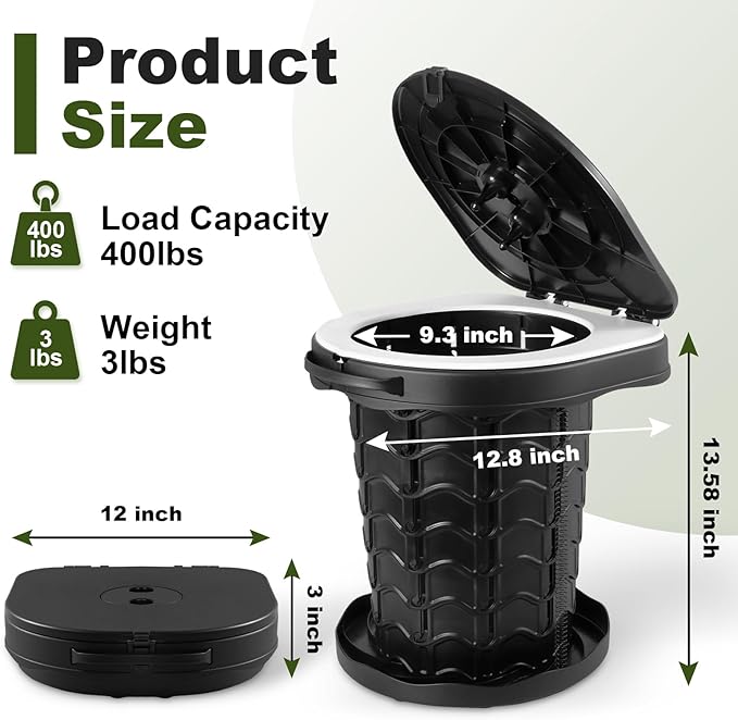 Collapsible Portable Toilet with Odor-Lock Lid - 1-Minute Setup Adjustable Height (2.95in-13.58in) 400lbs Capacity, Backpack-Friendly 3-in-1 Camp Potty for Camping, Hiking, Car, RV & Emergency Use