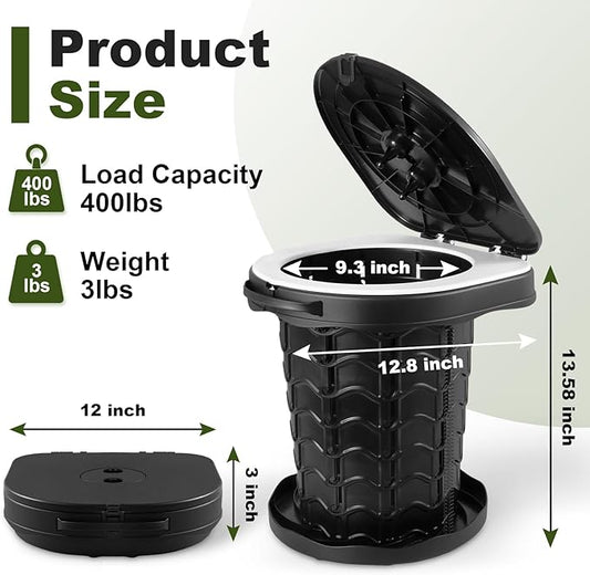 Collapsible Portable Toilet with Odor-Lock Lid - 1-Minute Setup Adjustable Height (2.95in-13.58in) 400lbs Capacity, Backpack-Friendly 3-in-1 Camp Potty for Camping, Hiking, Car, RV & Emergency Use