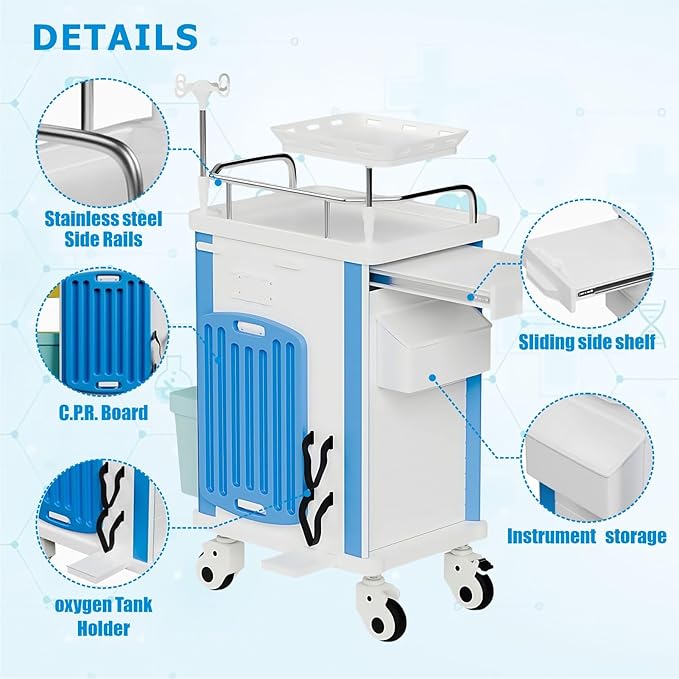 Emergency Crash Cart with Accessories IV Pole, Cardiac Board, O2 Holder, Mobile Cart, Trash Can, Drawer for Clinic,Nursing Center, 30" L x 19" W x 38" H (Blue)