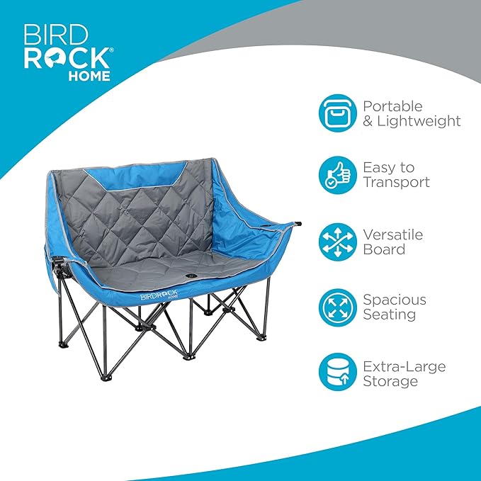 BIRDROCK HOME Double Camping Chair - Double Wine & Cup Holders - Blue & Grey, Durable Padded Fabric, Sturdy Frame, 650 lb Cap. Storage, Spacious Camping Sofa, Loveseat for The Beach, Sports, Outdoors